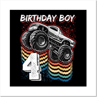 Birthday Boy 4 Monster Truck 4Th Birthday Posters and Art